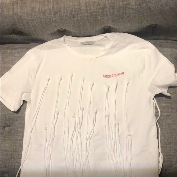 Zara White Addicted to Create Fringe T-Shirt Small - Picture 6 of 8